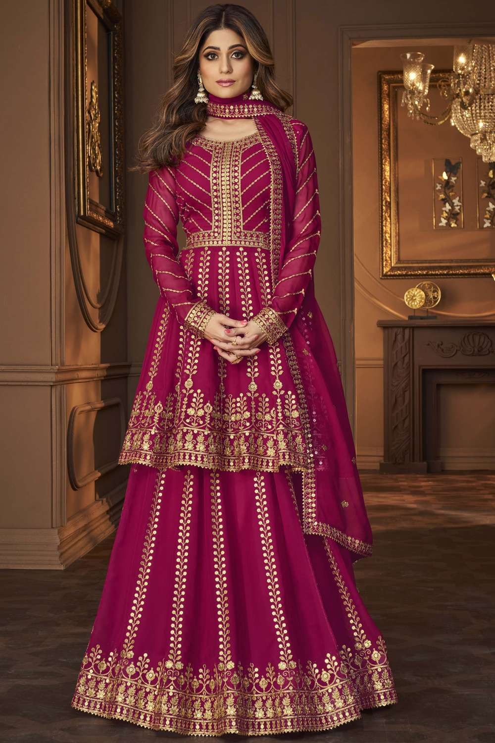 Wedding Shop Embroidered Silk Wine Red And Salmon Pink Ombre Lehenga  LLCV112861