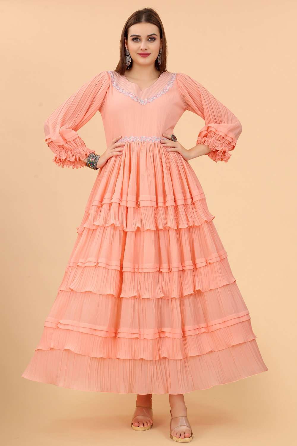 Georgette Peach Gown Dress in Plain - GW0405