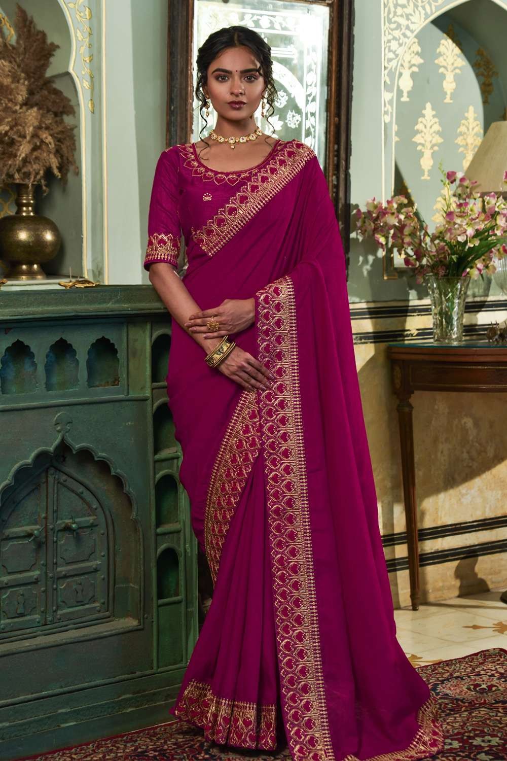 Shiny Wine Color Art Silk With Sequins Base Saree With Heavy Blouse