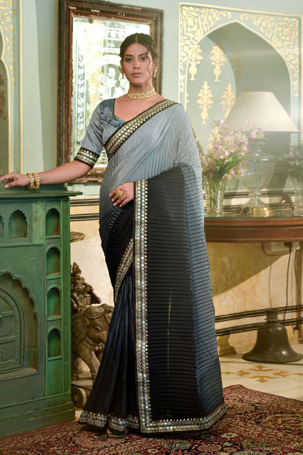 Batik Printed Satin Chiffon Saree in Black : SJRA2160