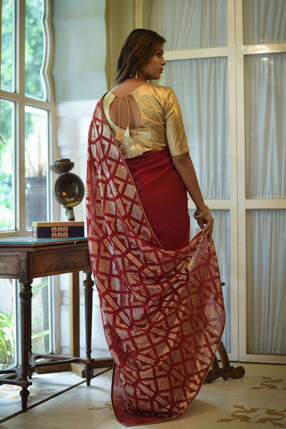 Stylish maroon Women's Georgette Full Sequence Silk Saree With Blouse Piece  | eBay