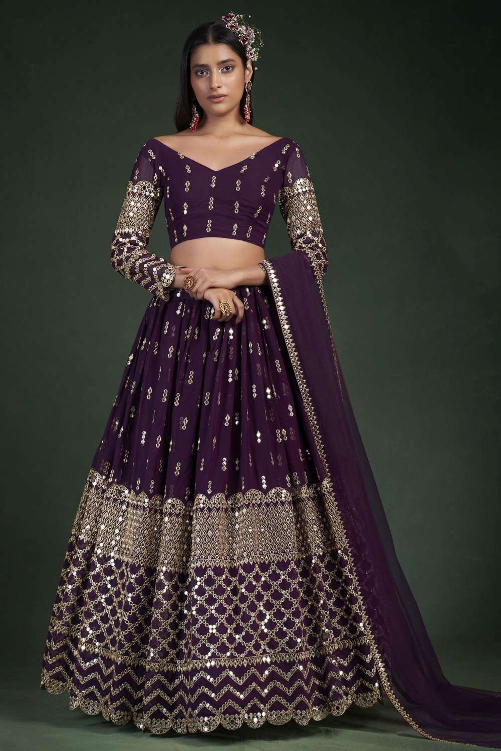 Dark Purple Colour Lehenga With Golden Embroidery Work For Women |  zeelpin.com