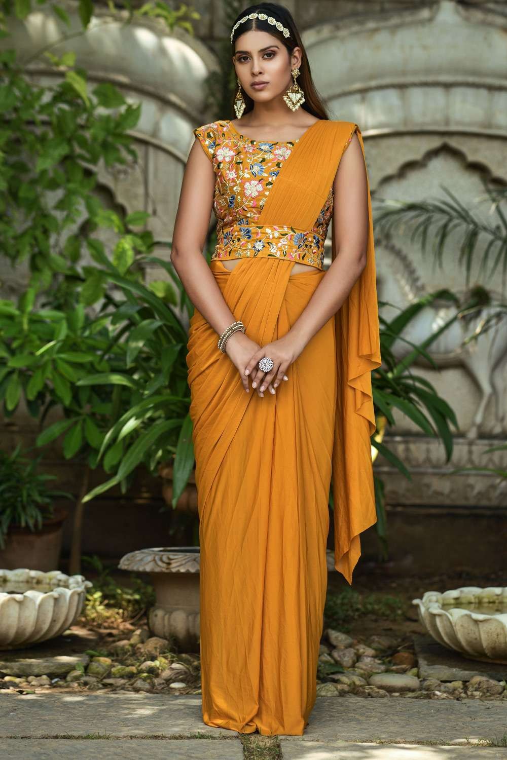 Green Chinon Silk Saree Dress With Embroidered Belt – SCAKHI