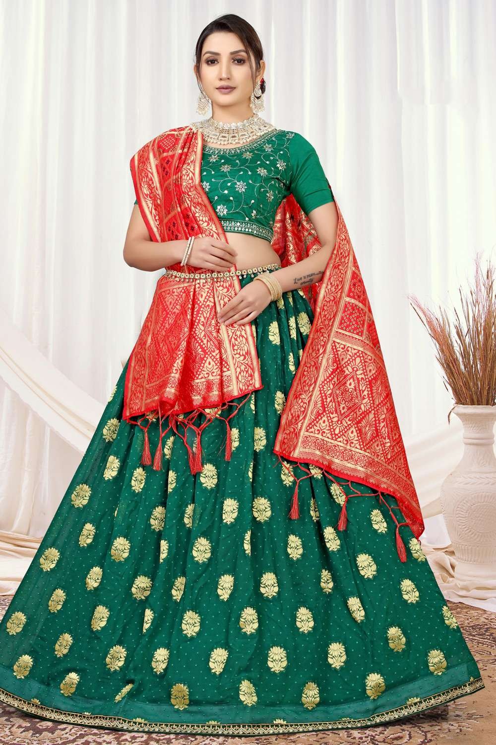 Red & White Bridal Lehenga With Green Bandhani Dupatta- Annu's Creation