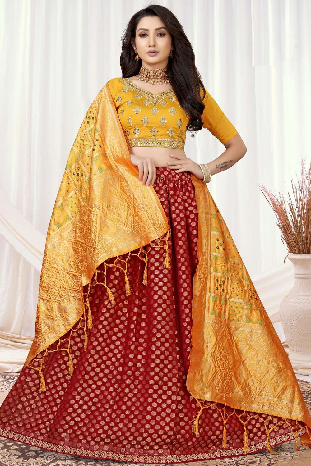 Buy Orange Maroon Embroidered Bridal Lehenga Online in India @Mohey - Mohey  for Women