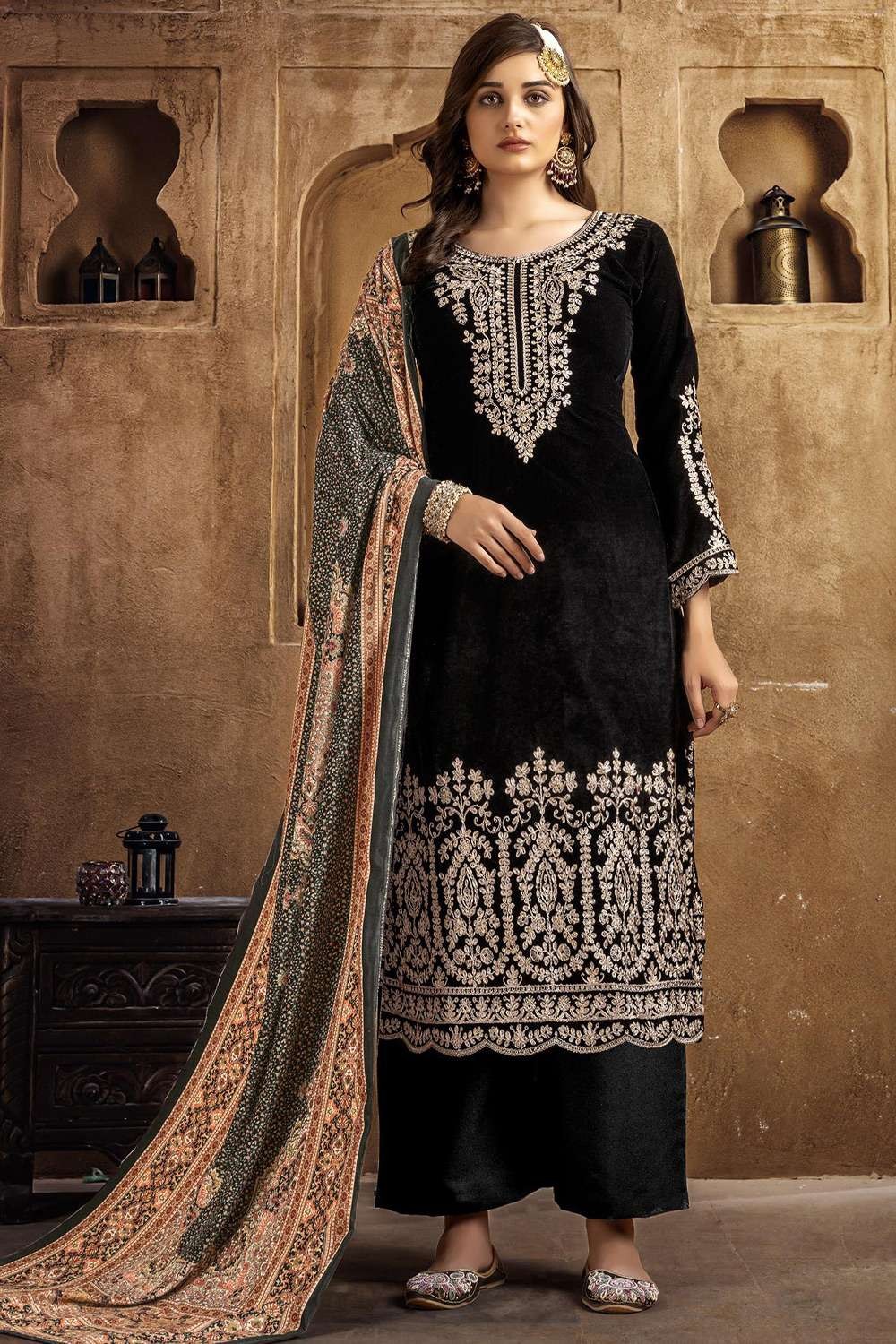 Buy Black color Velvet Palazzo Salwar Suit with Embroidered work Online :  New Zealand -