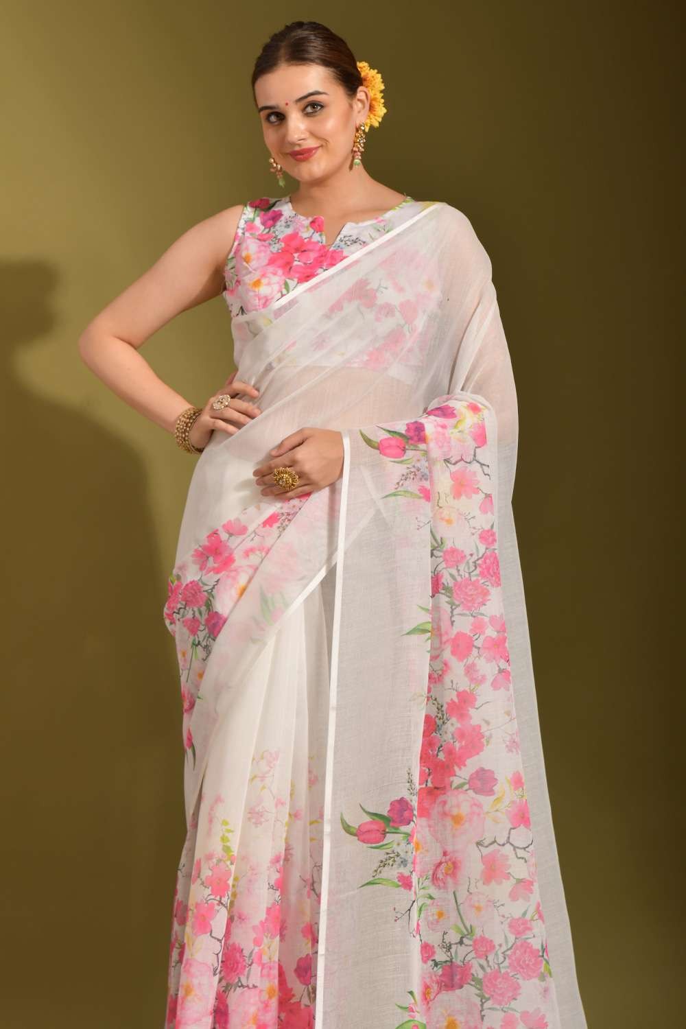 Handwoven Pure Linen White Saree with Blouse-Indiehaat – Indiehaat.com