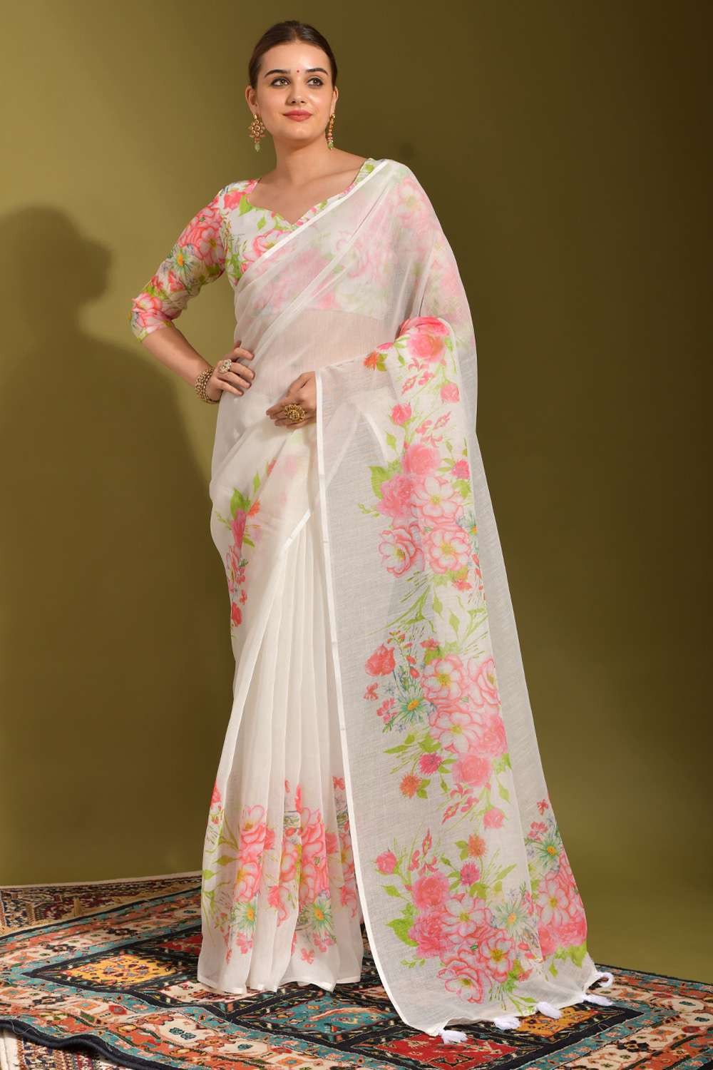 Elegant And Ethnic White Colour Premium Printed Linen Saree - KSM PRINTS -  4001549