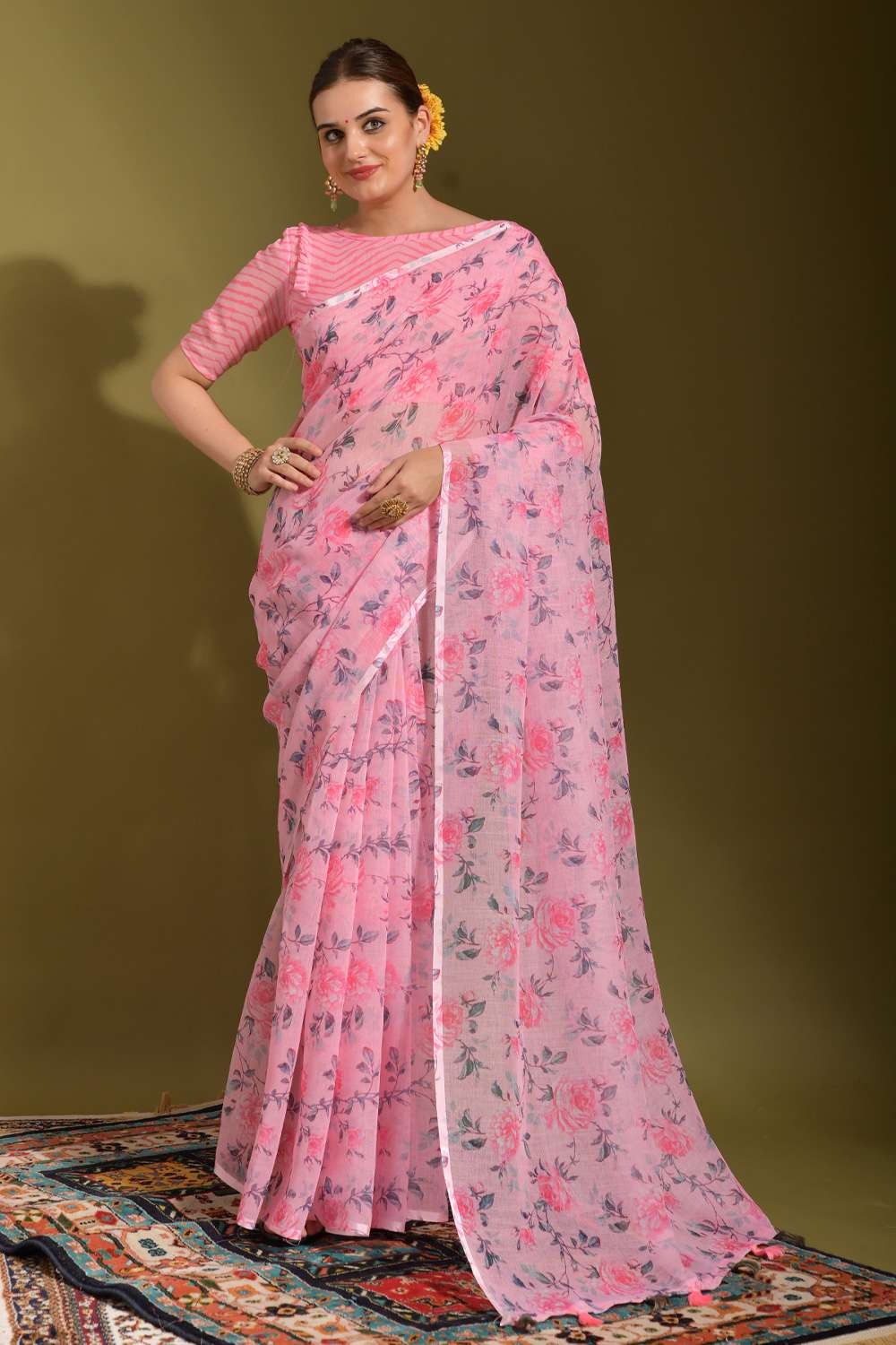 Floral Digital Printed Linen Saree - Ladies Cloths