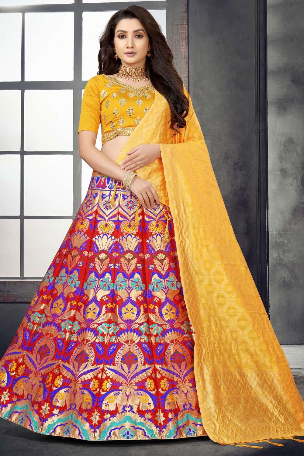 Buy Online Yellow and Red Hand Embroidered Banarasi Lehenga |Dupatta – Pure  Elegance