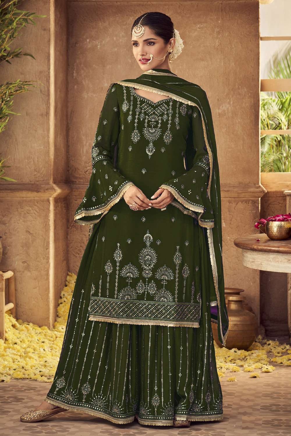 Green Mehndi Faux Georgette Fabric Patiala Suit | Appelle Fashion