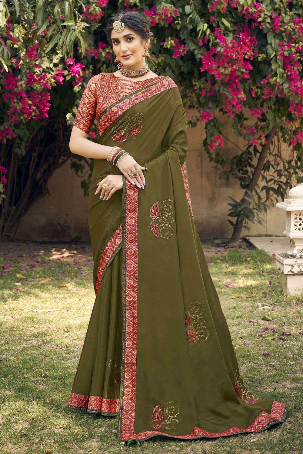 Embroidered Work On Bewitching Art Silk Saree In Mehendi Green Color