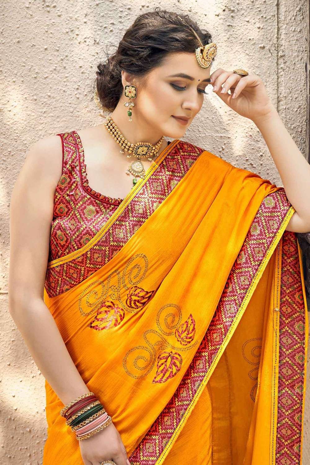 Exciting Faux Chiffon Green and Yellow Abstract Print Saree -