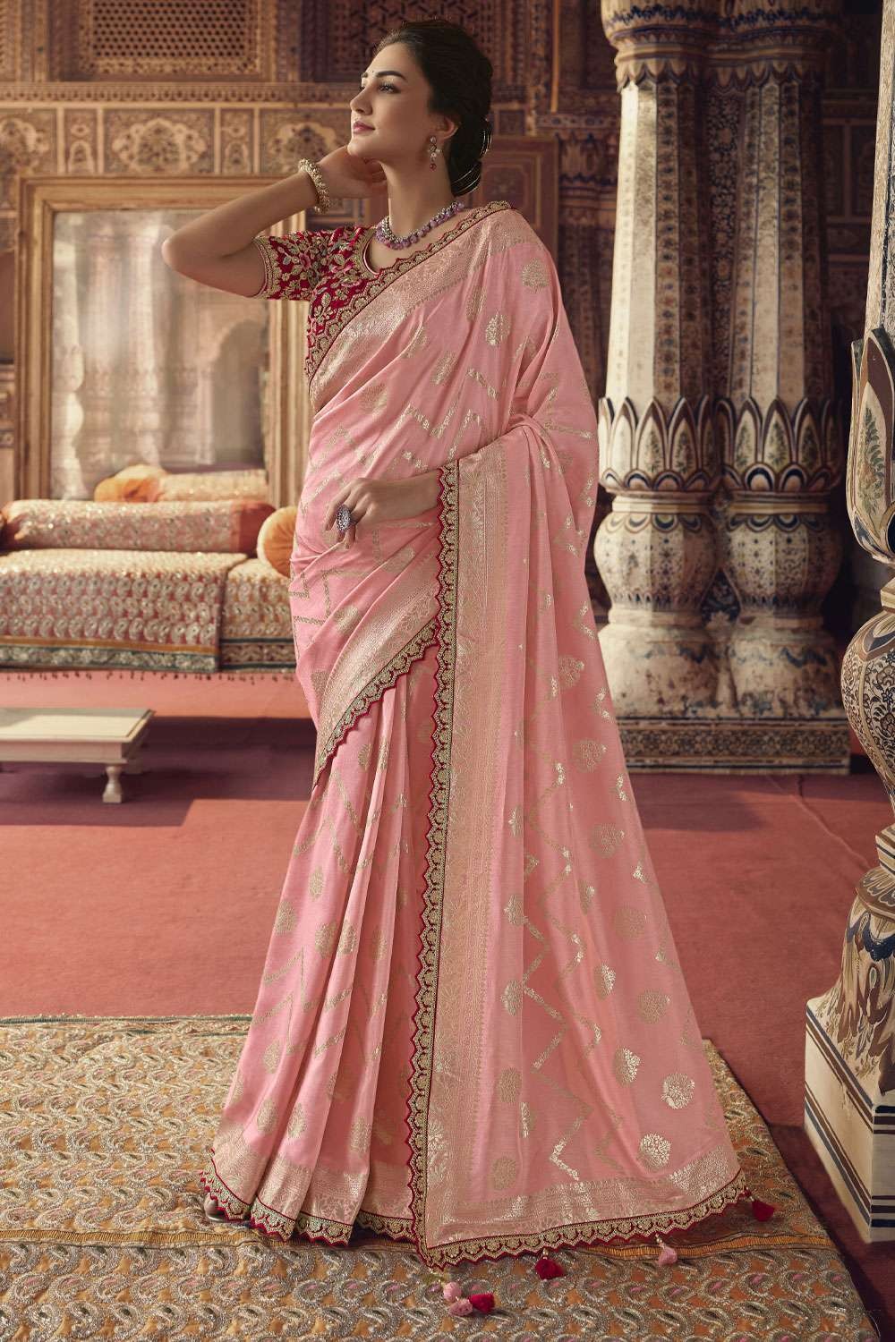 Baby-Pink Organza Saree With Art Silk Blouse And Floral Bail Zari, Thread  Work | Exotic India Art