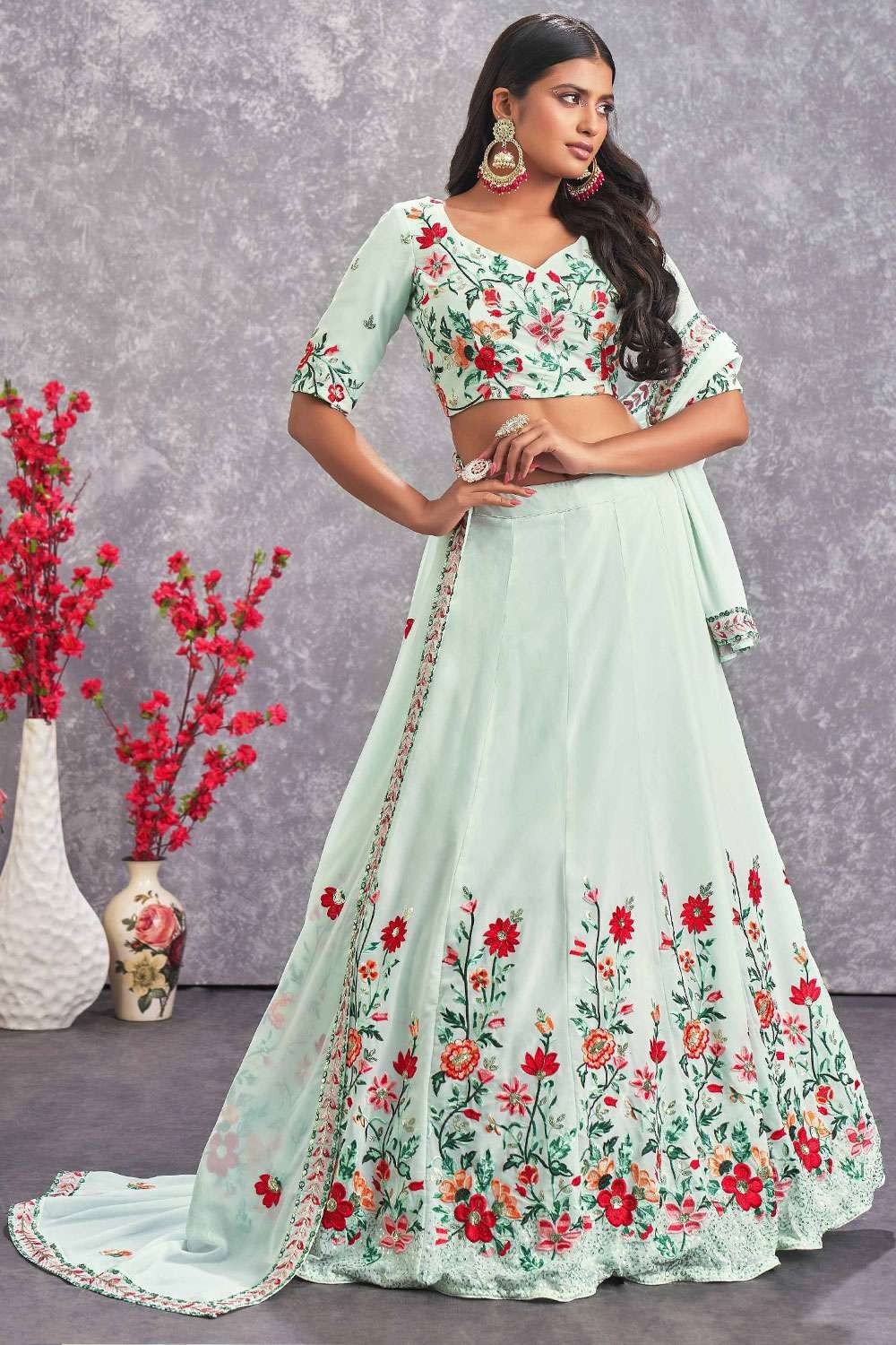 Pearl White Georgette Pleated Lehenga with Floral Embroidery and...