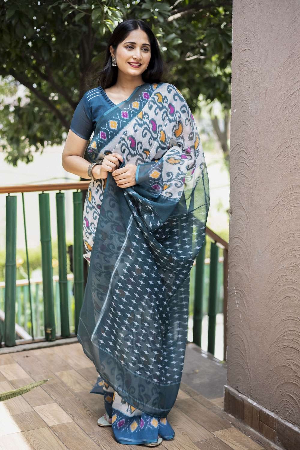 Jaipur Thrikona Vague Hand Block Print Berry Blue Linen Cotton Saree with  Blouse | HARADHI