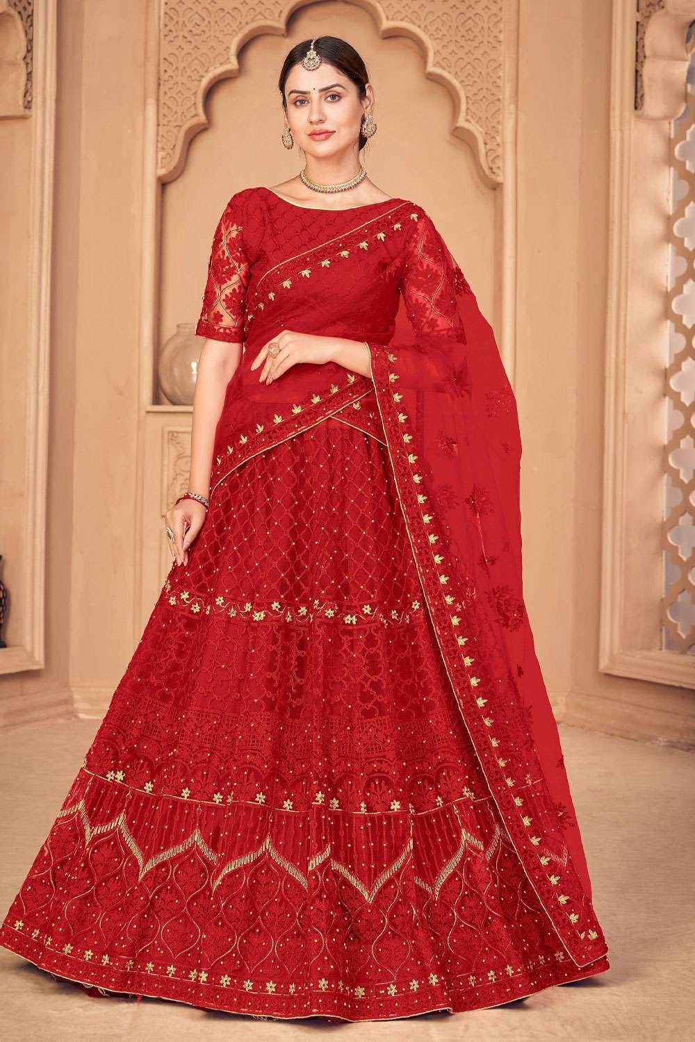 Red and White Color Taffeta Wedding Lehenga for Bride – tapee.in