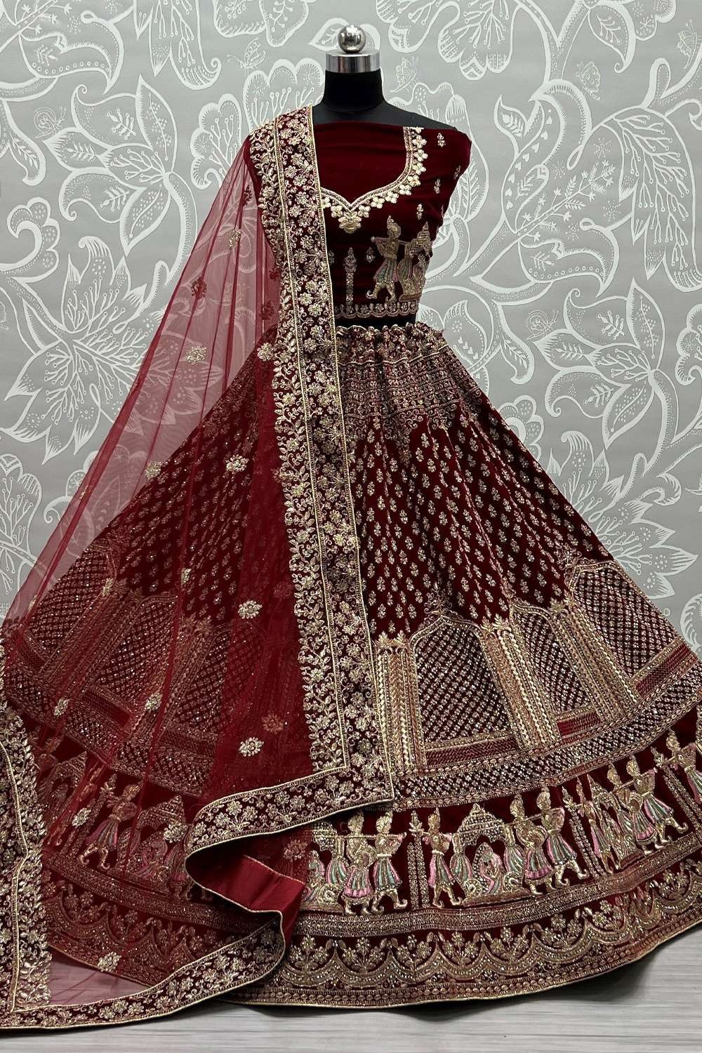 Velvet embroidered bridal lehenga choli in Maroon colour 1002