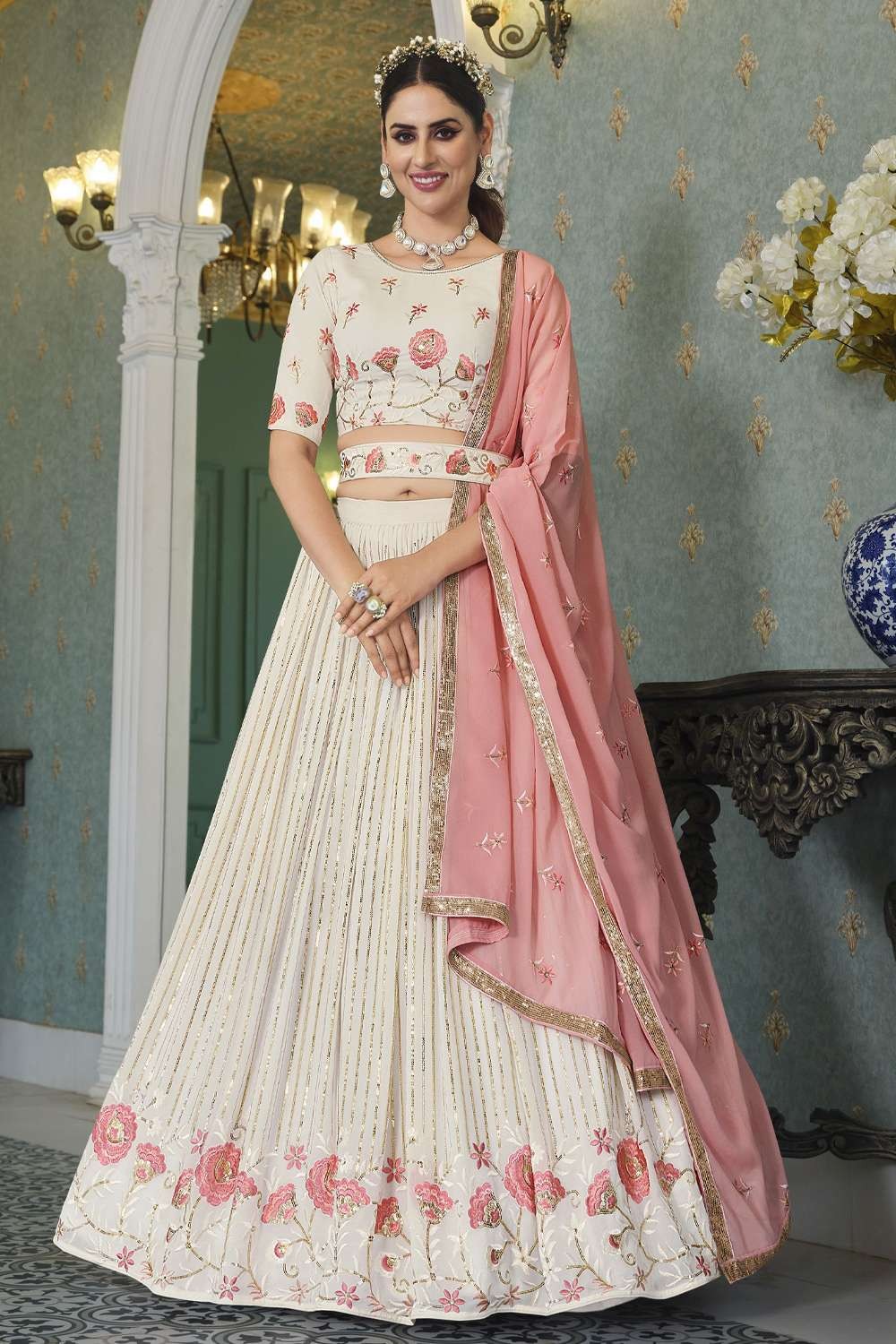 Pearl white Lehenga Choli with Embroidered Georgette - LC6401