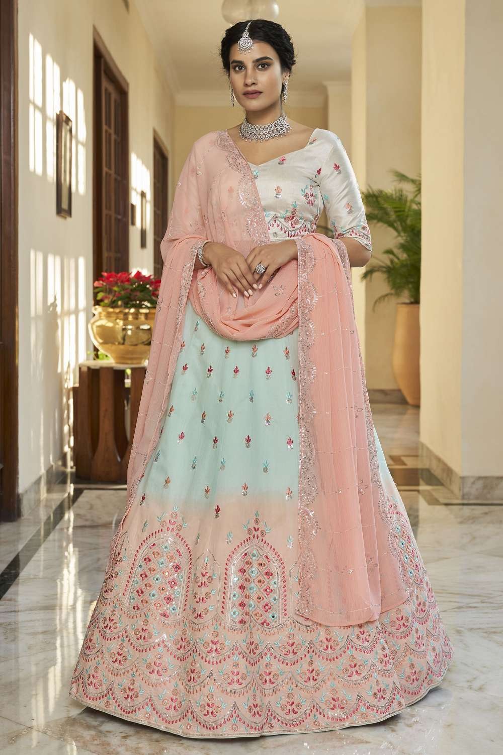 Buy Zopdeal Bridal Studio Net silk Bridal Lehenga for Women in pink and blue  combination Readymade blouse 34 to 38 size at Amazon.in