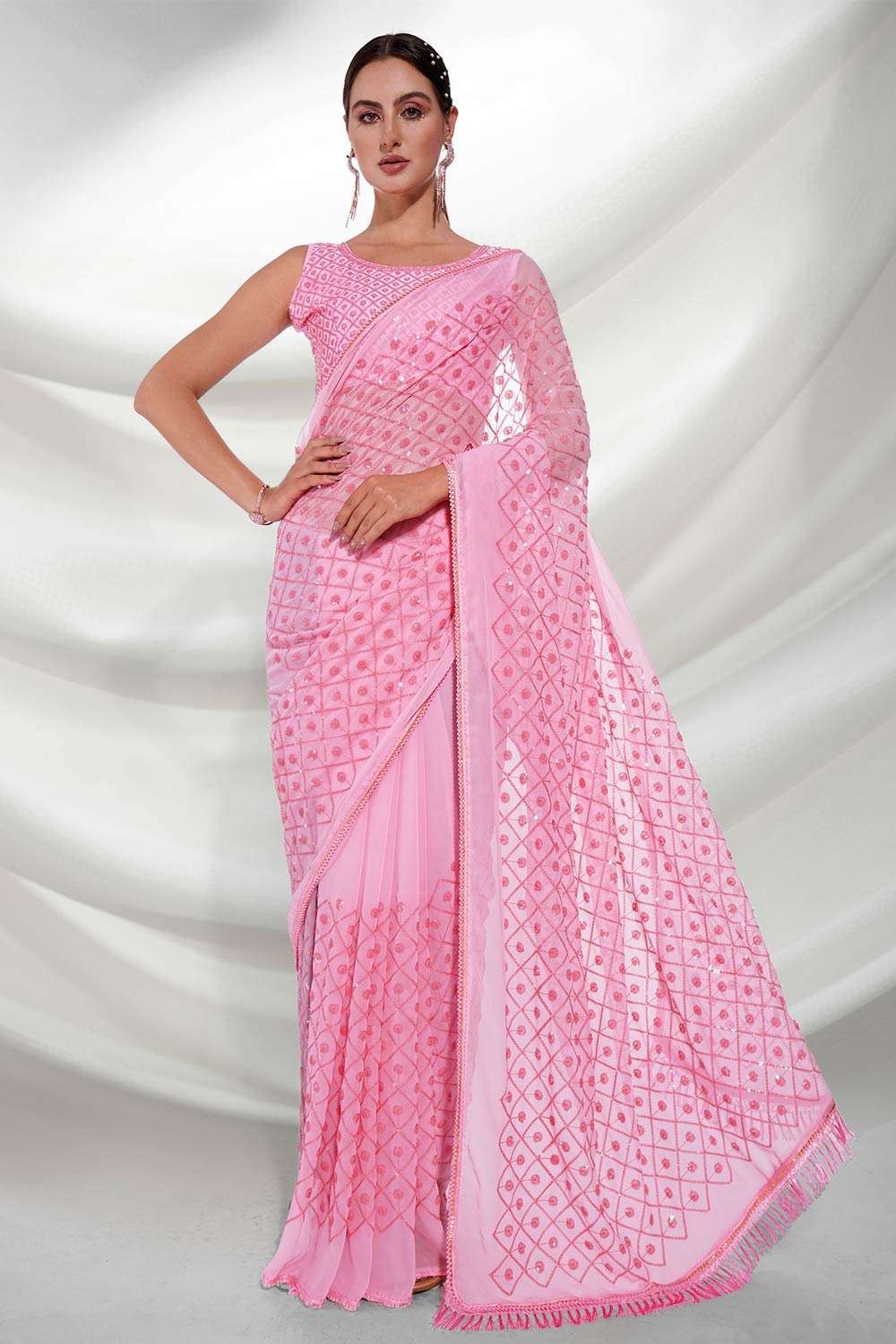 Baby Pink Color Georgette Sarees Party Wear With Price | Georgette saree  party wear, Blouses for women, Georgette sarees