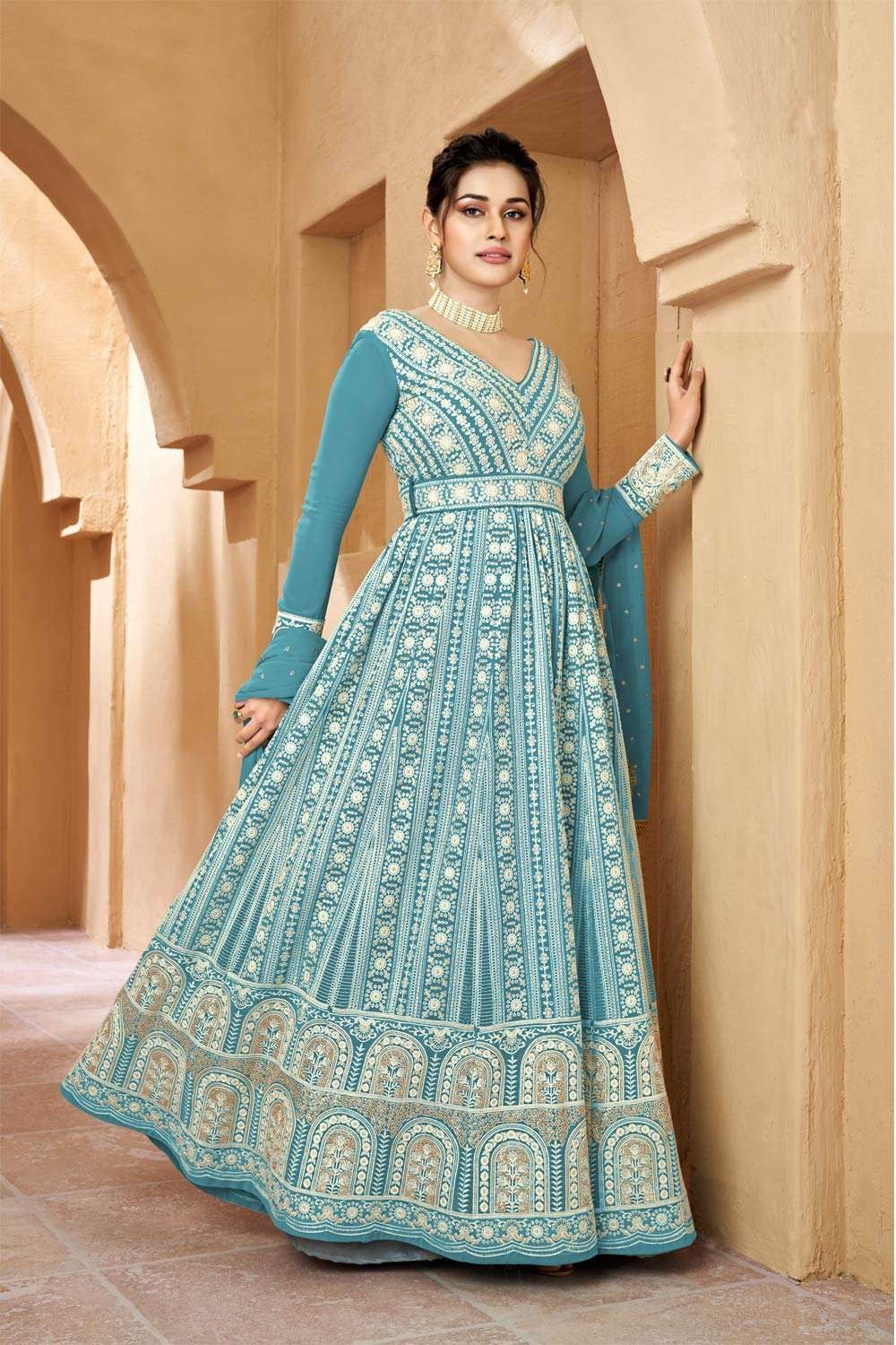 Latest Blue Gown With Dupatta For Raksha Bandhan 2023