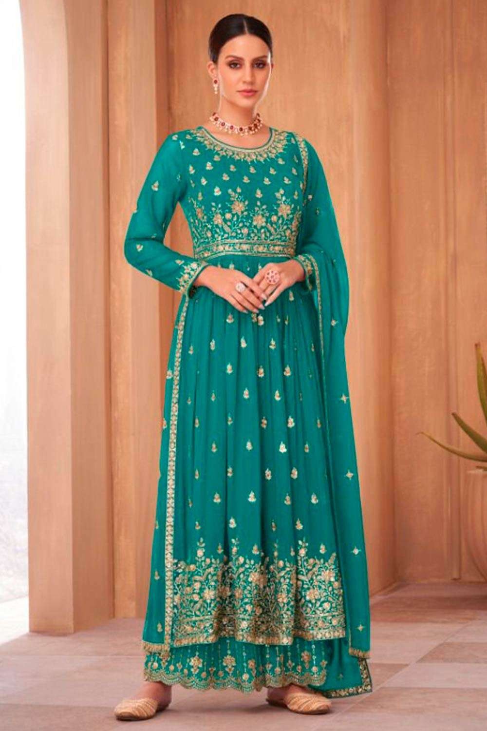 Faux Georgette Embroidery Pakistani Suit In Blue Colour - SM5630126