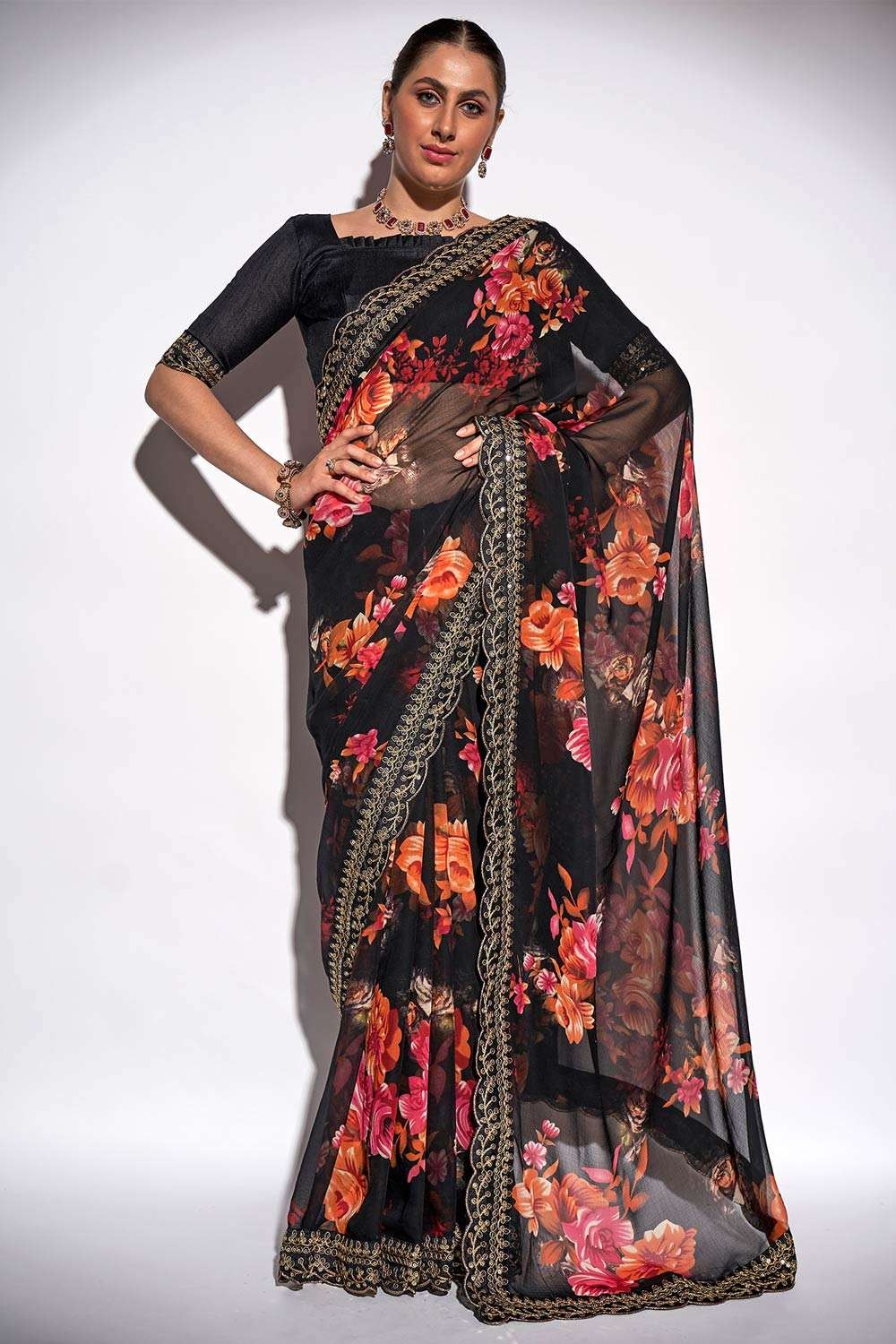 Off White Red-Black Printed Semi-Chiffon Saree (With Blouse) 13408, Buy  Chiffon / Georgette Sarees online, Pure Chiffon / Georgette Sarees, Trendy  Chiffon / Georgette Sarees , online shopping india, sarees , apparel