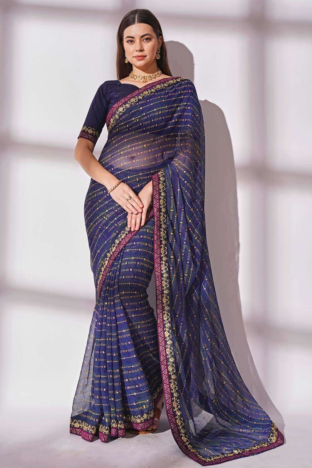 Georgette Blue Saree in Embroidered,printed,lace border - SR24301