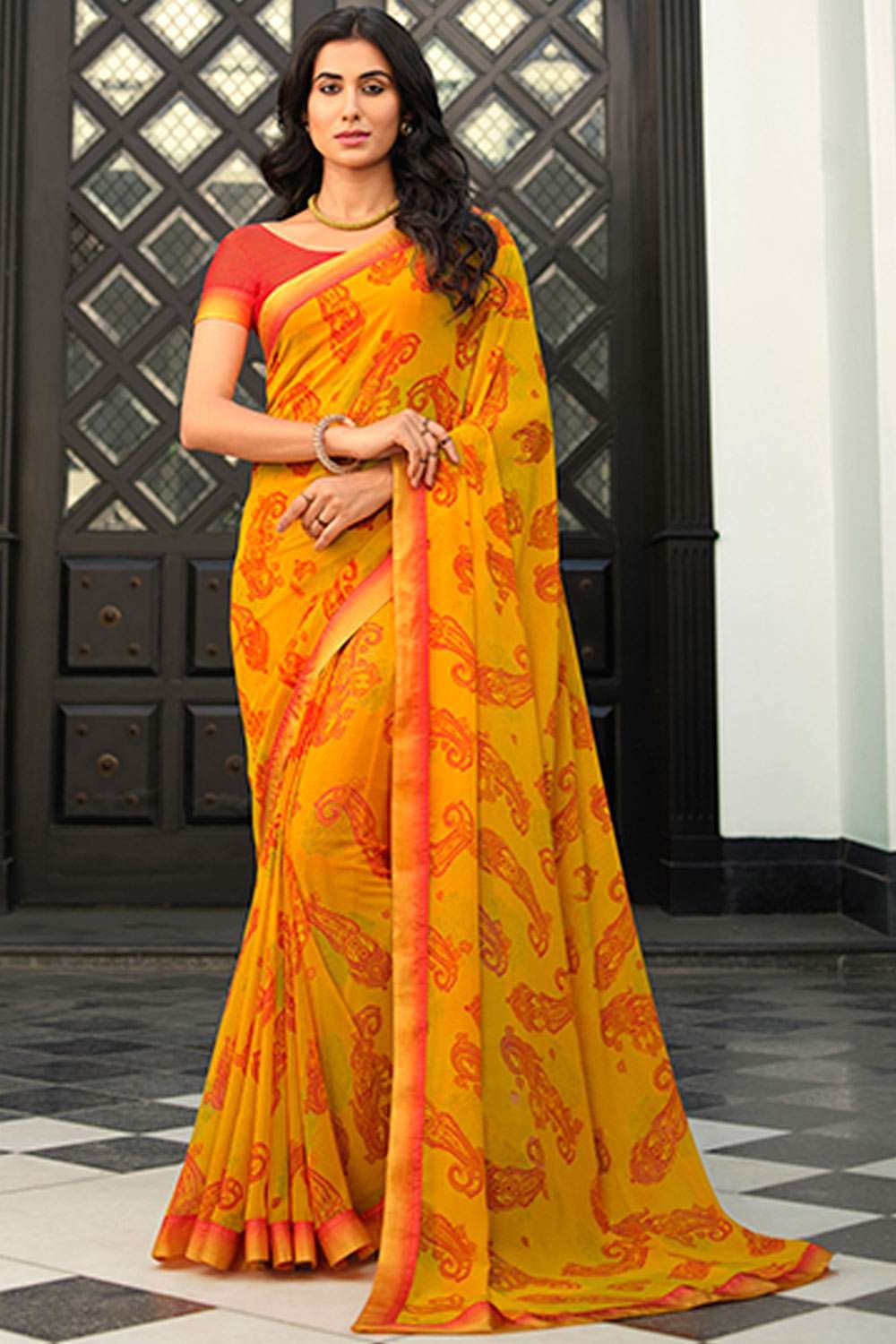 Banarasee Semi-Katan Zari Buta & Contrast Border Saree-Red & Yellow