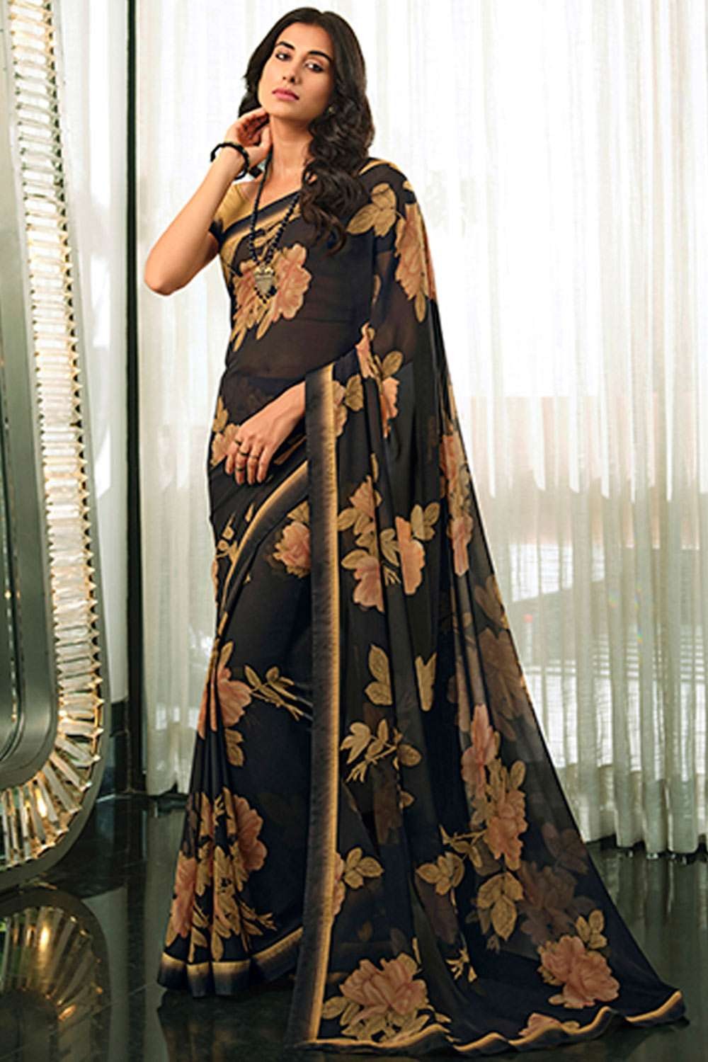 Odette Women Black Georgette Floral Saree With Stitched Blouse