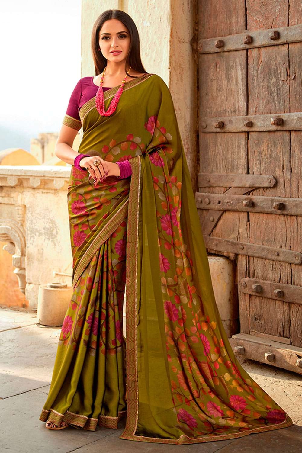 Buy Green Saree And Blouse Georgette & Underskirt Satin Floral