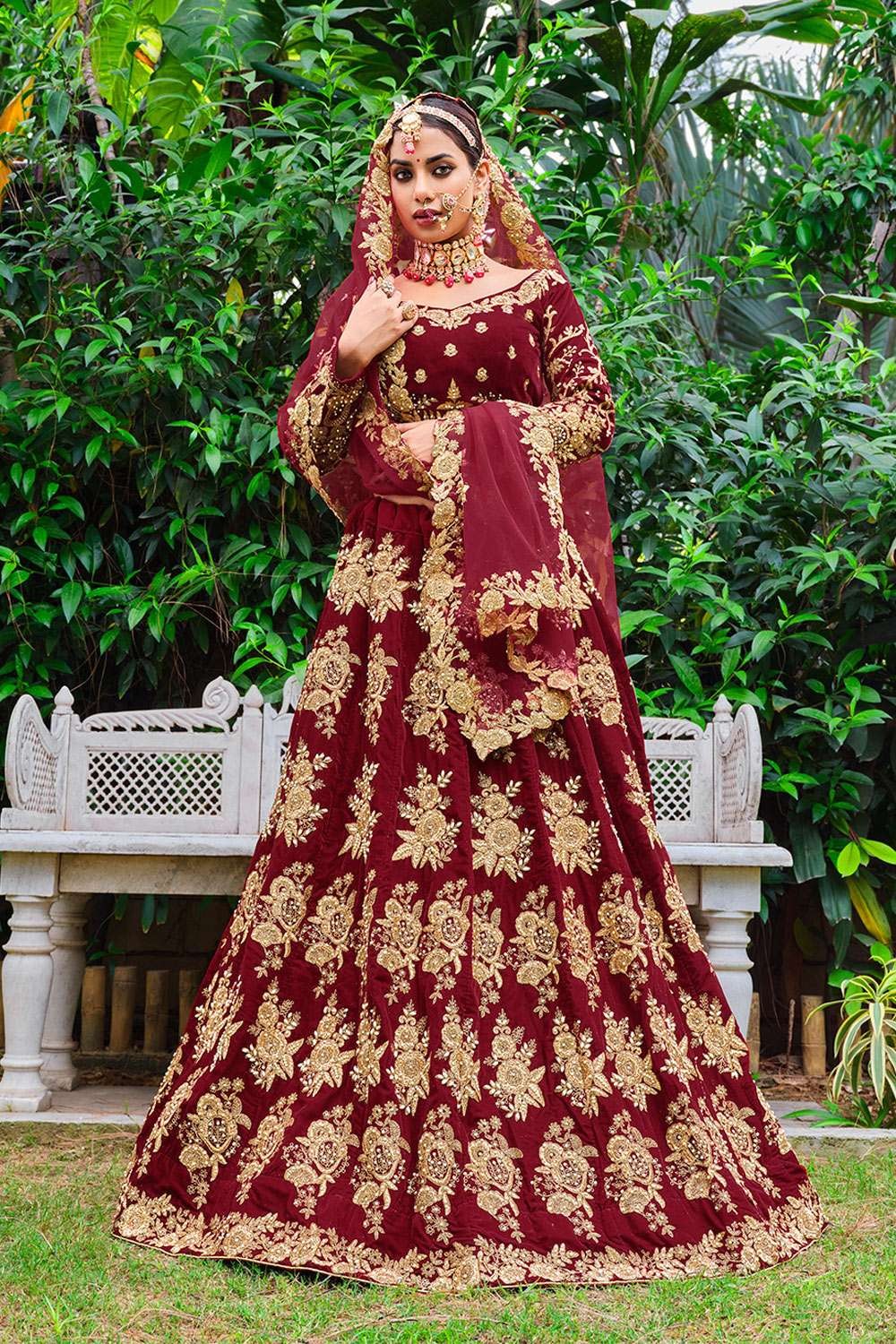 Buy Bollywood Sabyasachi Inspired maroon velvet bridal lehenga in UK, USA  and Can | Latest bridal lehenga, Indian outfits, Bridal lehenga choli