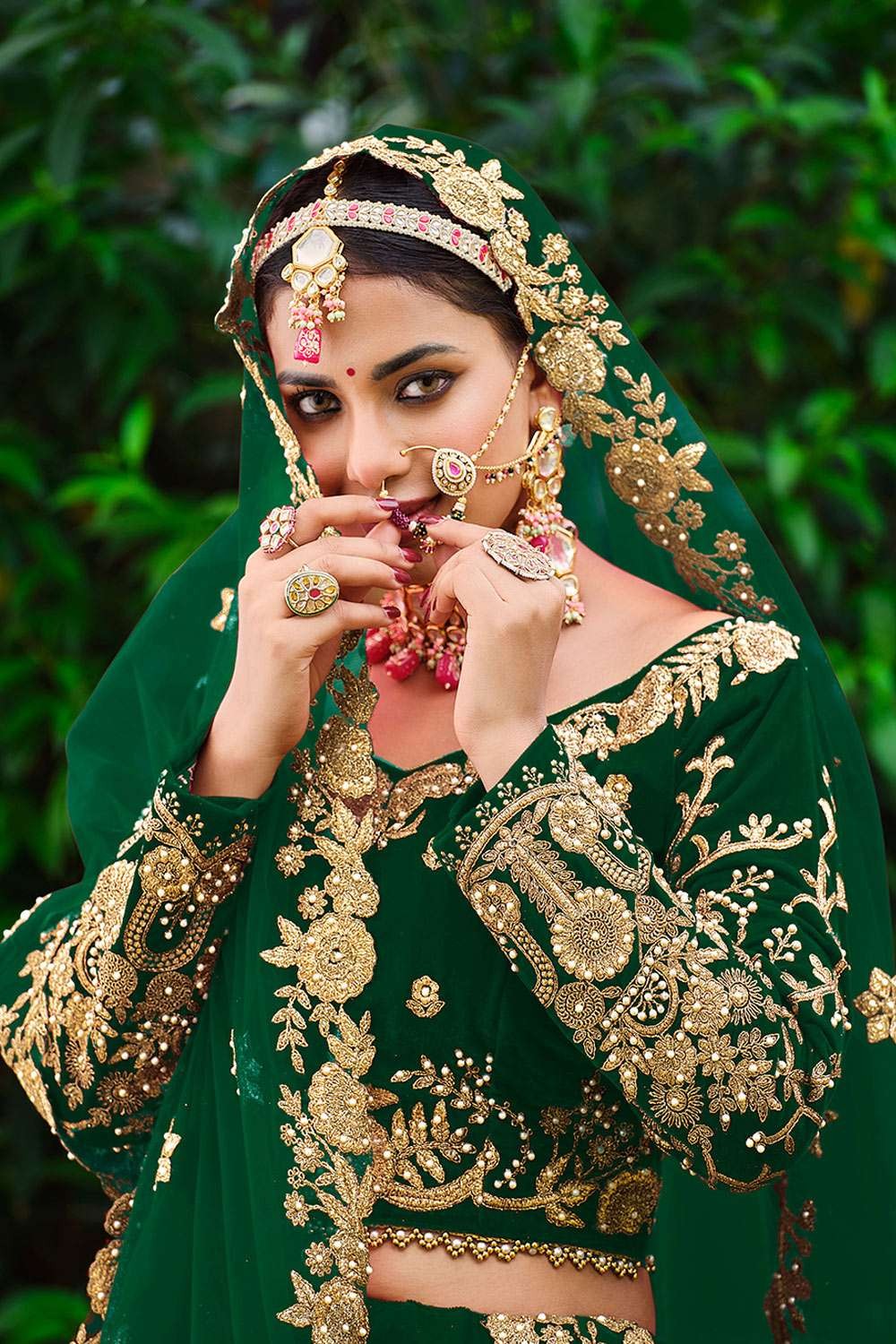 Dark Green Full Jharkhand With Shisha Work Velvet Bridal Lehenga – Maharani