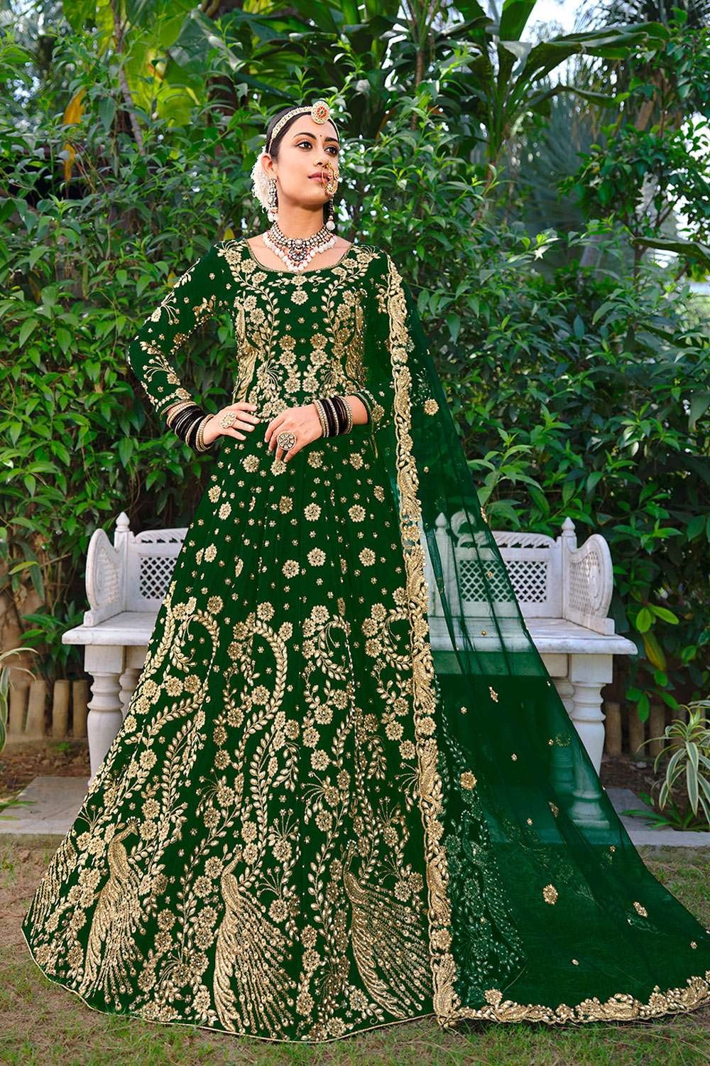 Fawn Front Open Back Trail Gown - Embroidered Lehenga - Bottle Green Dupatta  | Pakistani bridal wear, Lehenga, Gowns
