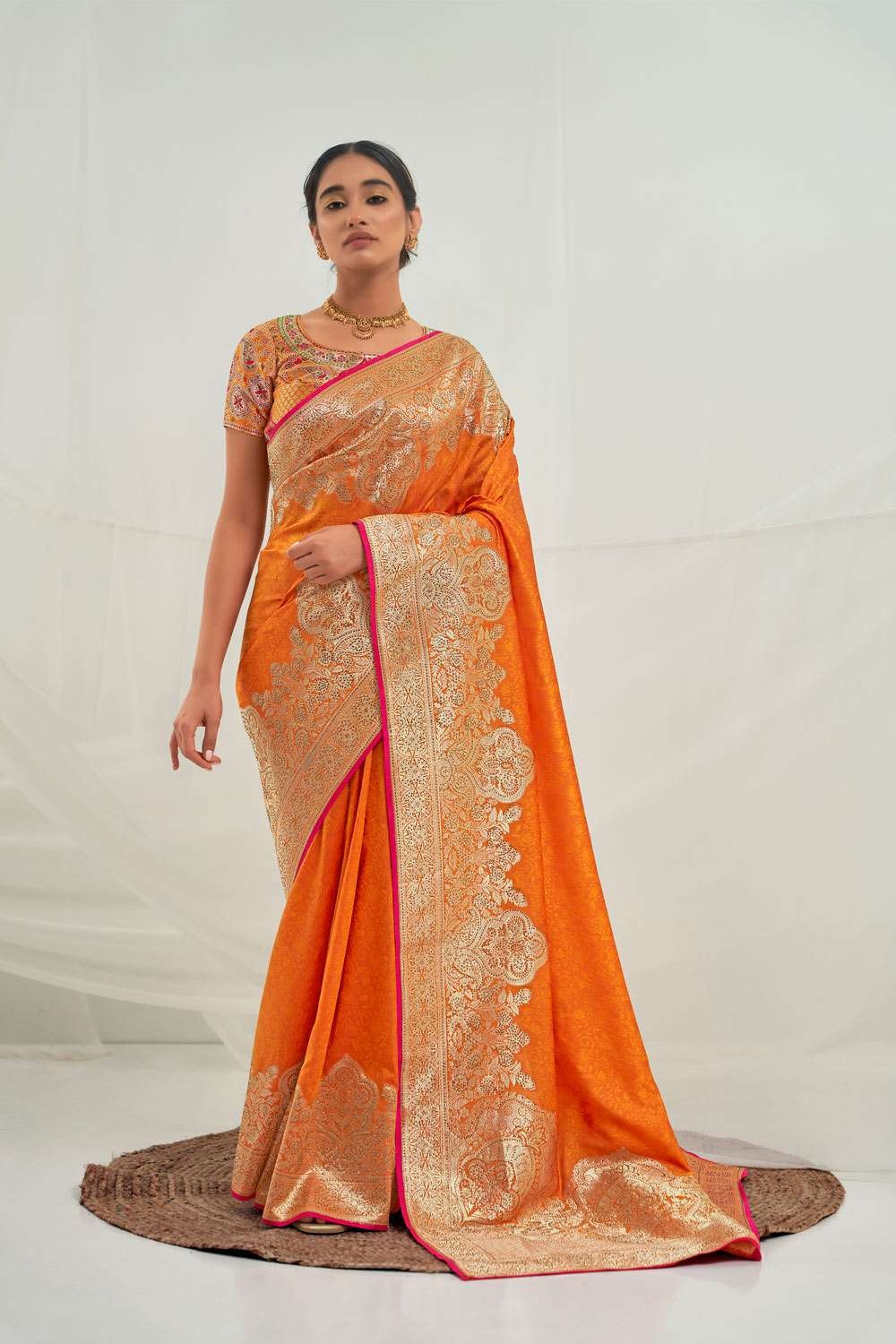 Banarasi Plain Semi Silk Saree With Zari Weaving-Orange – Banarasikargha