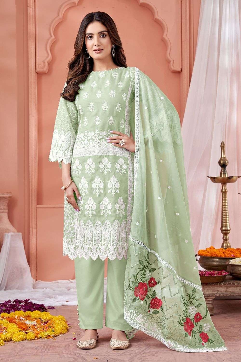 Pakistani Suit Style Green Color Slit Velvet Kurta With Brocade