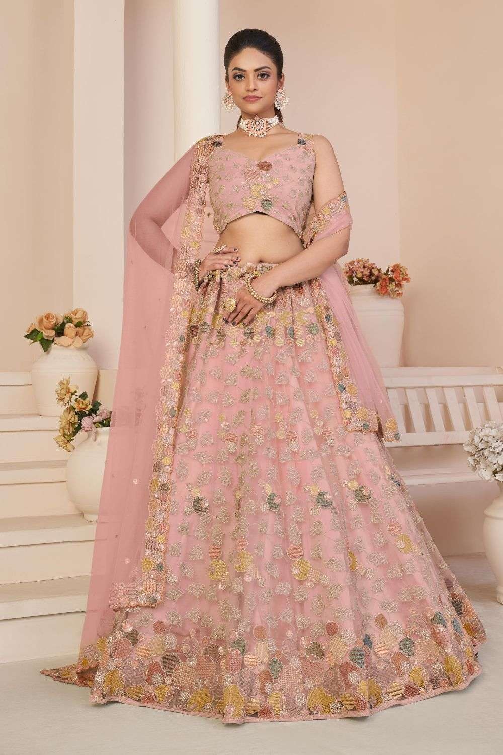 Net Embroidered Pink Wedding Lehenga Choli with Dupatta - LC7243