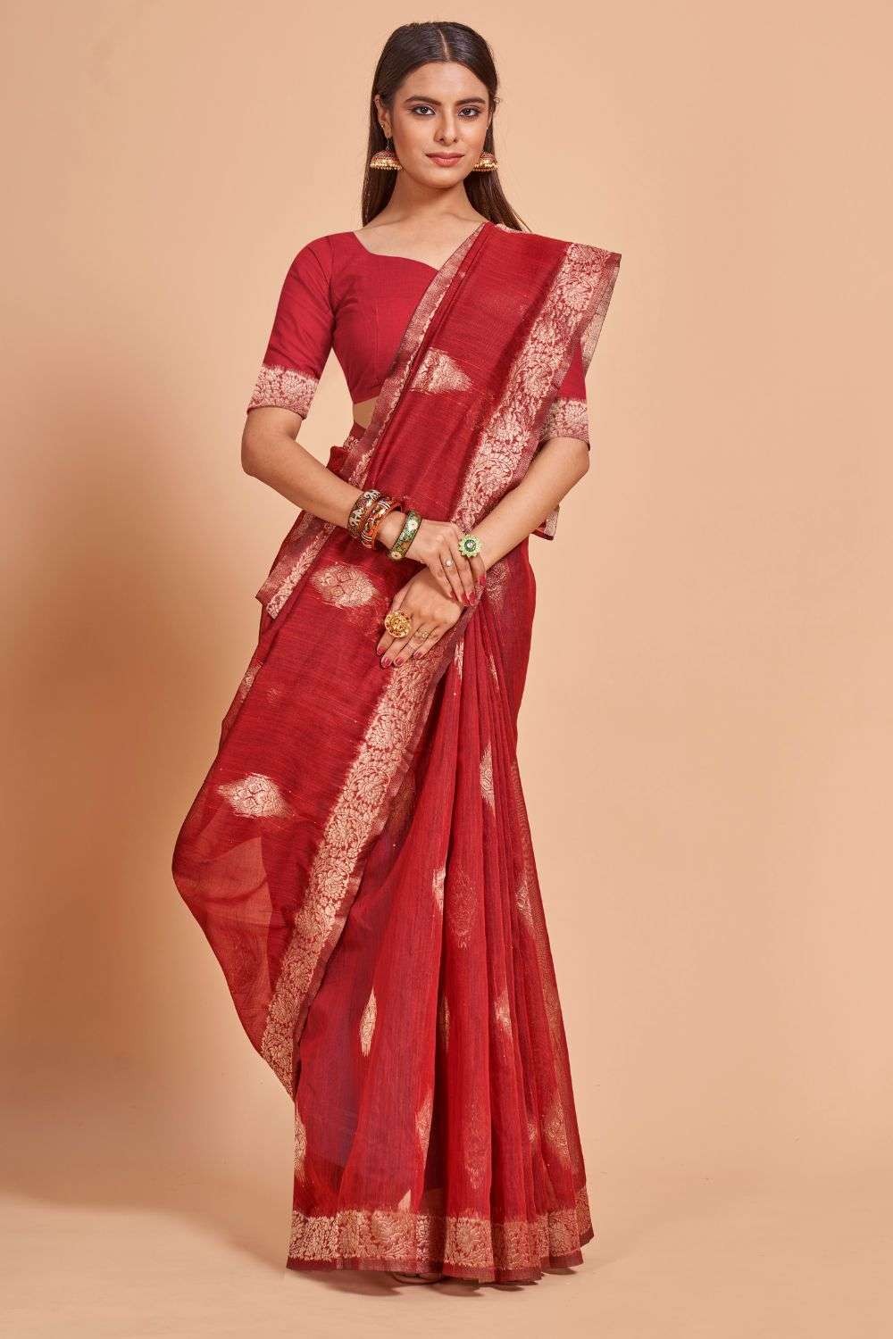 Elegant Royal Red Color Handloom Kanchi Cotton Saree with Bomkai Motifs
