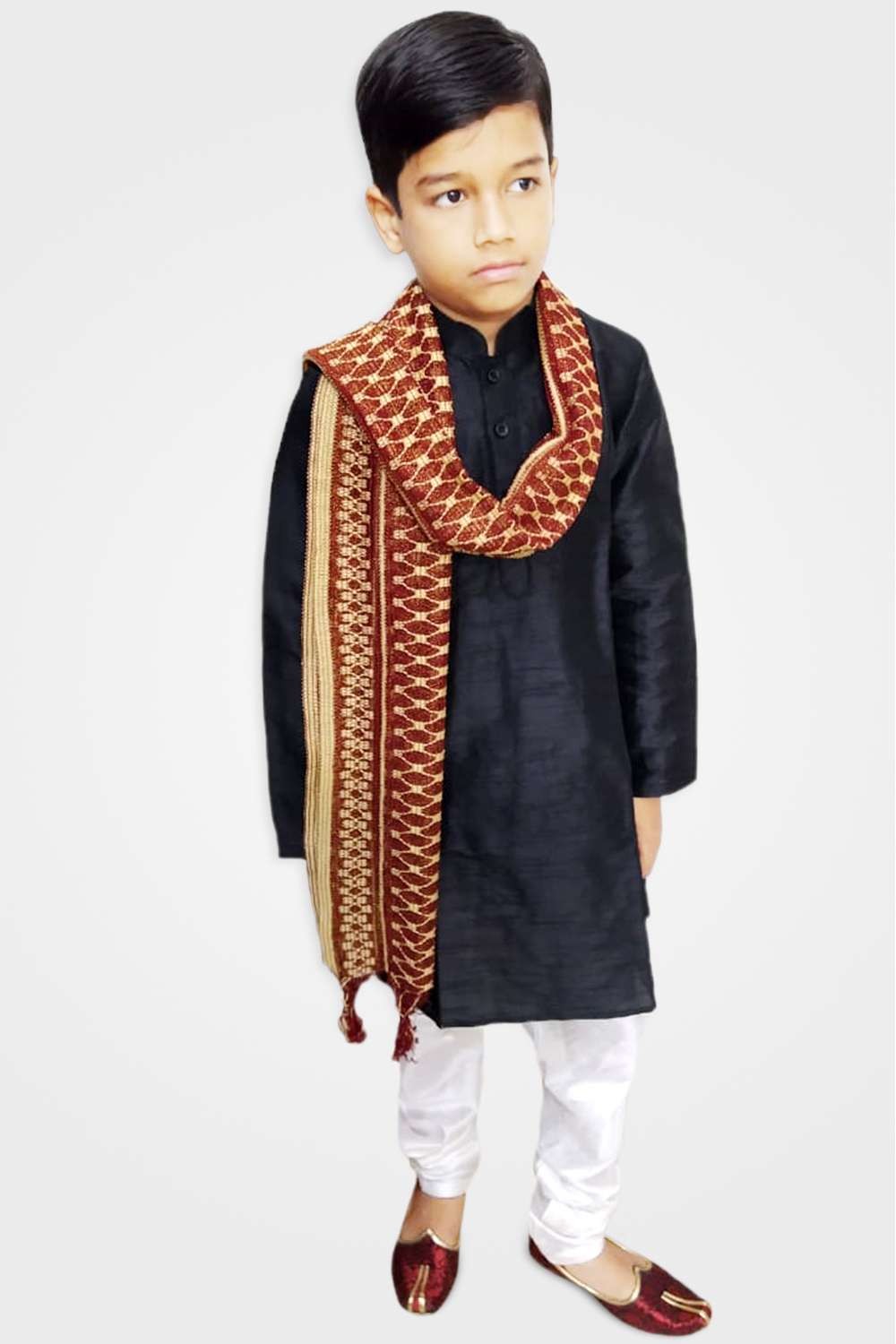 Cotton Grey & Gold Kurta Jacket set foil print for boys with off White  Pajama at Rs 1139/set in New Delhi