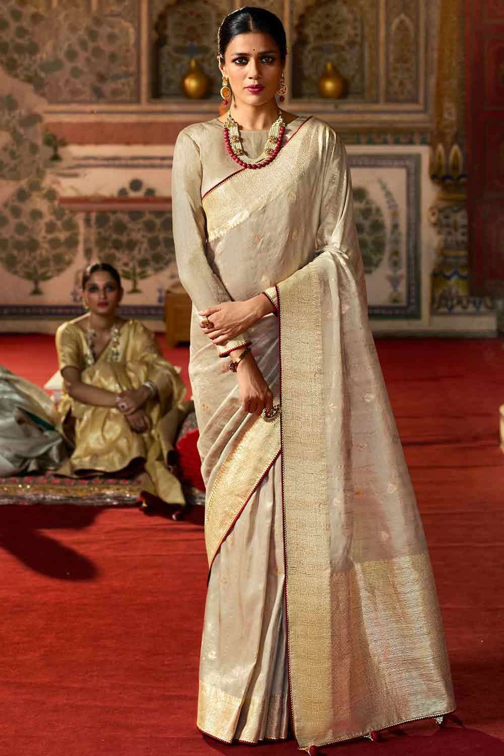 Chamunda Tex Wedding Wear Cream Silk Saree, 5.5 M (separate Blouse Piece)  at Rs 550 in Surat