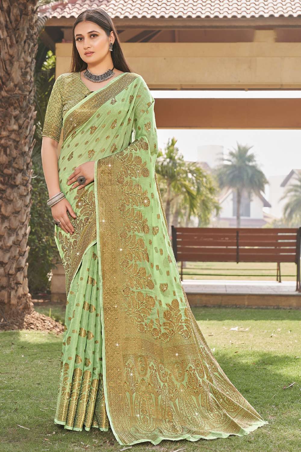 Pista Green Designer Dola Silk Saree With Embroidered Blouse | Kolour