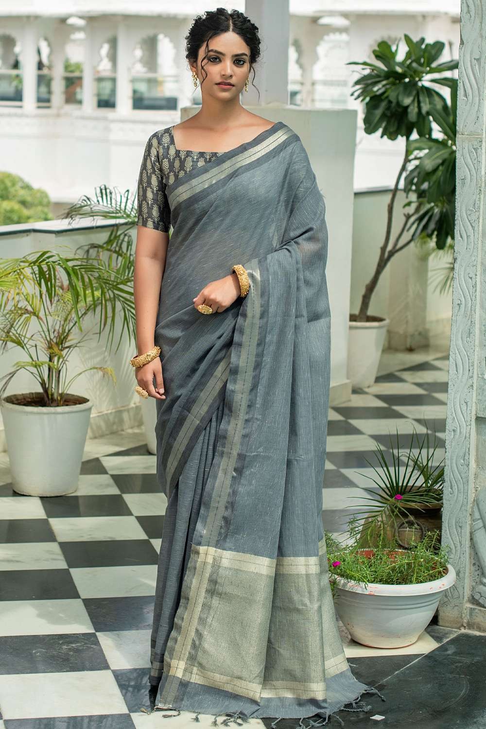 Light Grey Printed Georgette Saree With Tassels