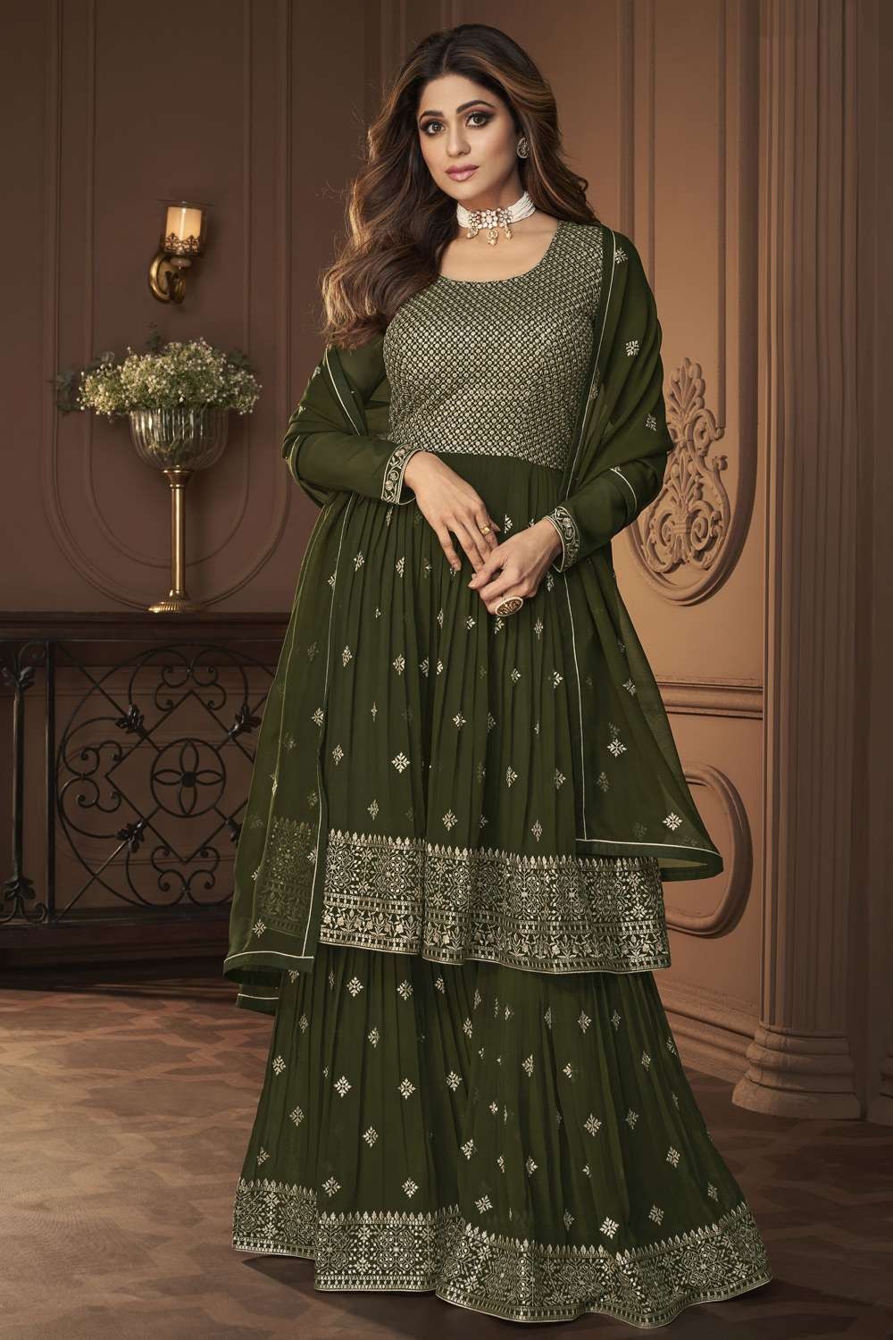 Mehndi Georgette Readymade Sharara Suit 268843