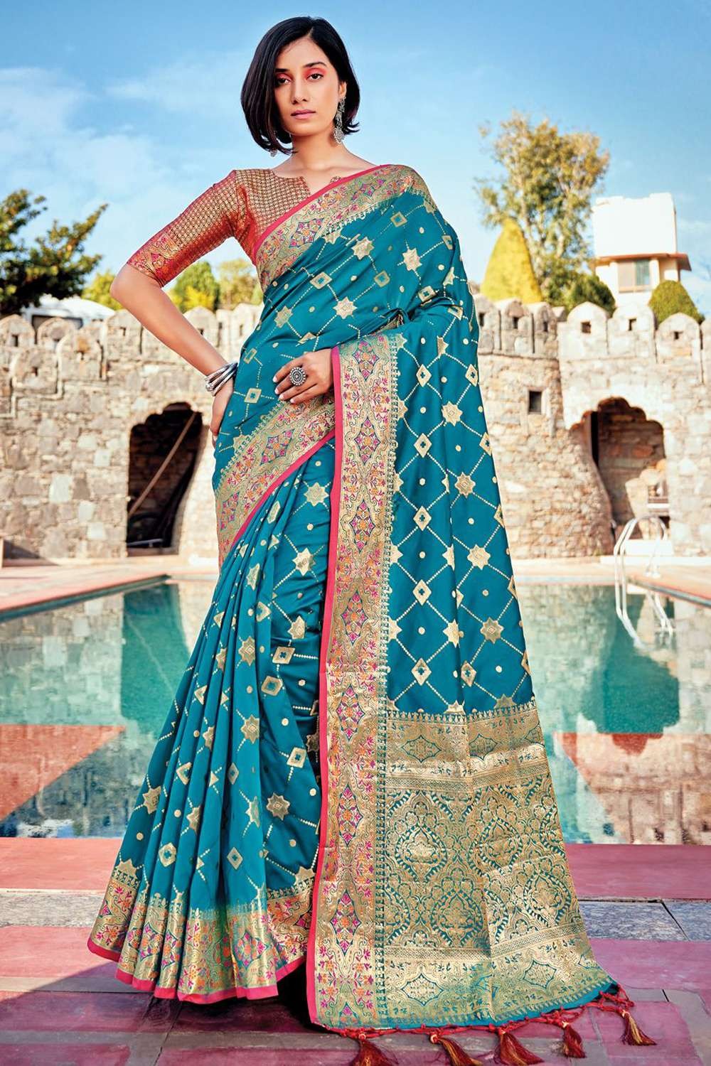 Handwoven Sky Blue With Gold Zari Katan Silk Banarasi Saree With Beaut -  House of Begum's