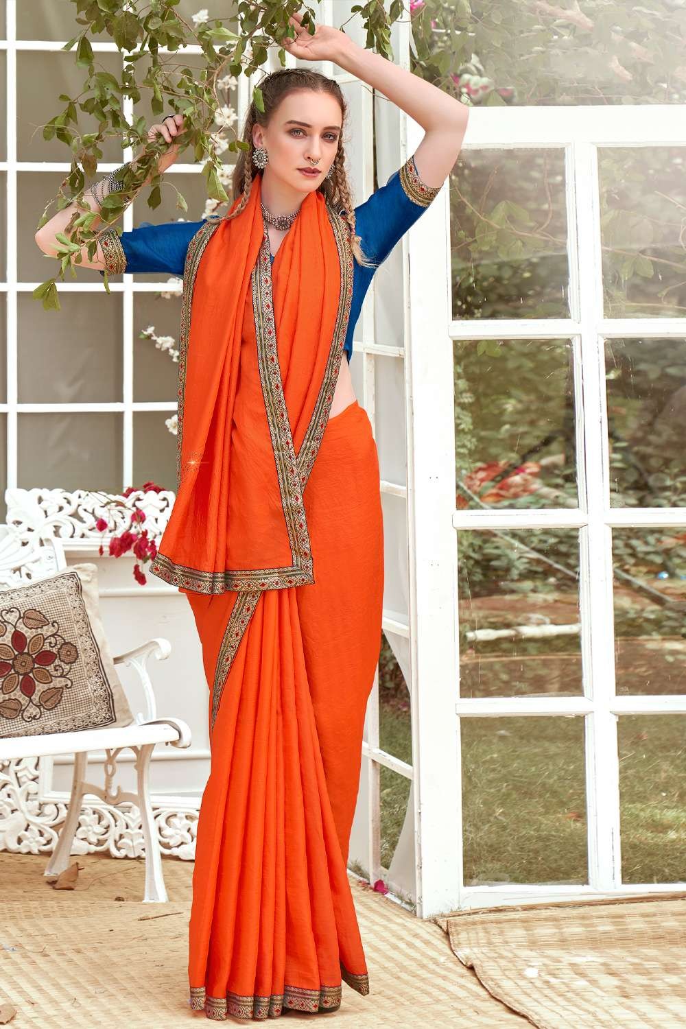 Elegant Ombre Sunglow & Orange Georgette Designer Saree | Shop Online