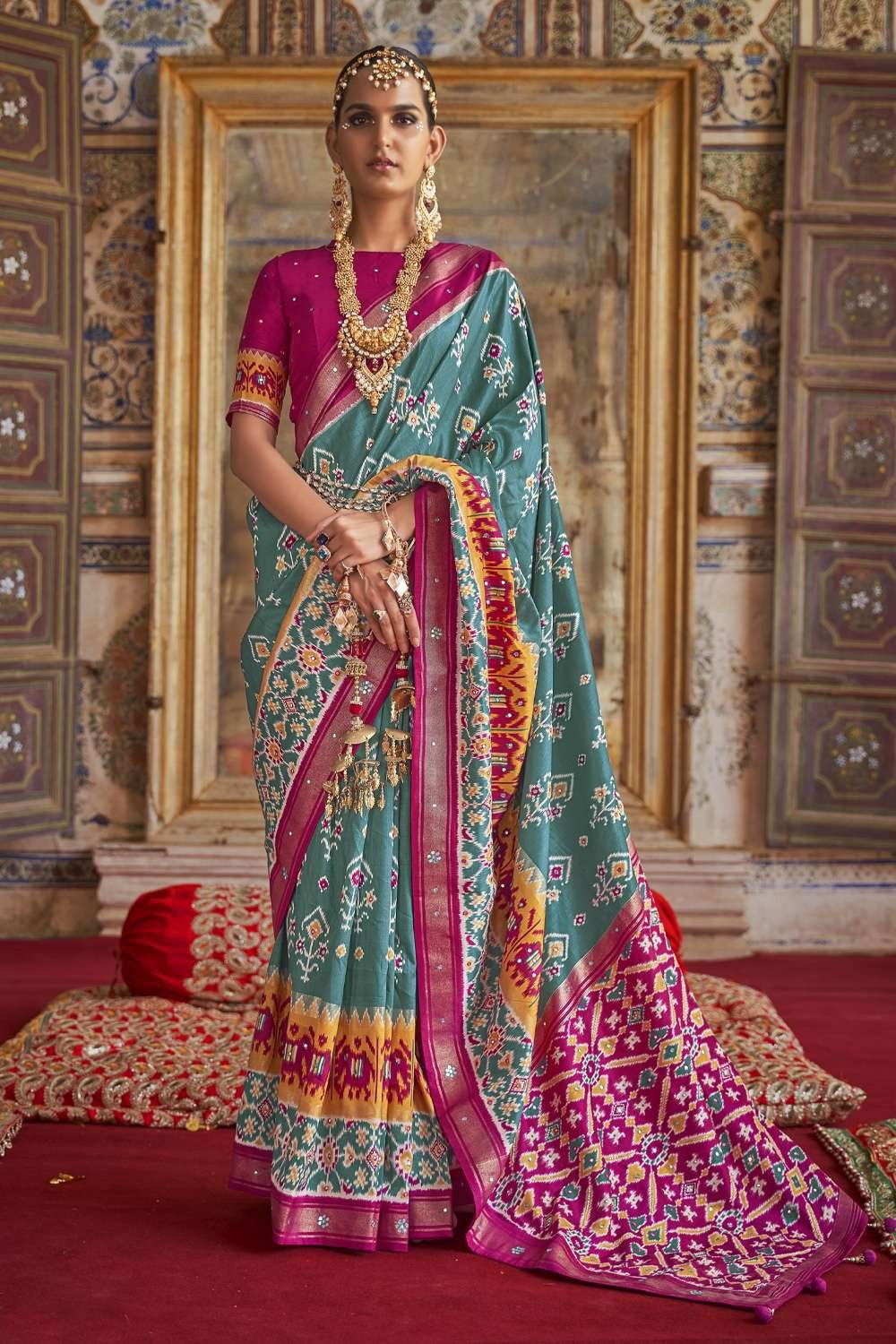 Red Banarasi Silk Saree Contrast Green Lace Border
