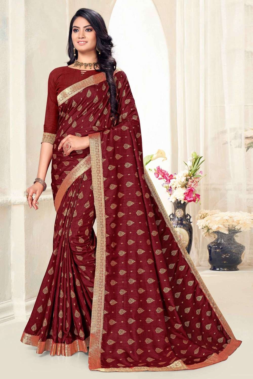 Wine embroidered sari with blouse – Label Dee