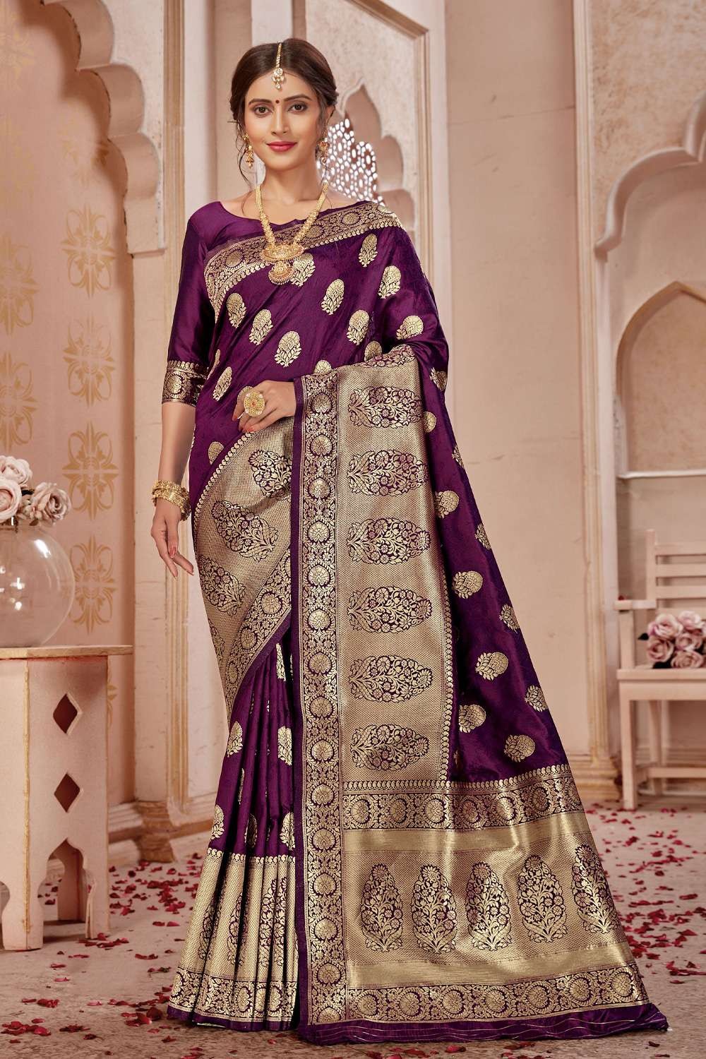 Wine Golden Zari Banarasi Organza Saree - House of Vardha