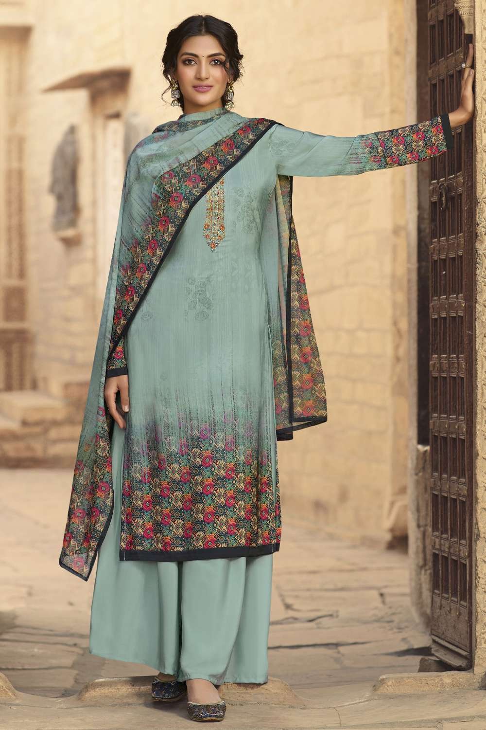 Block Printed Cotton Pakistani Suit in Mustard : KER140